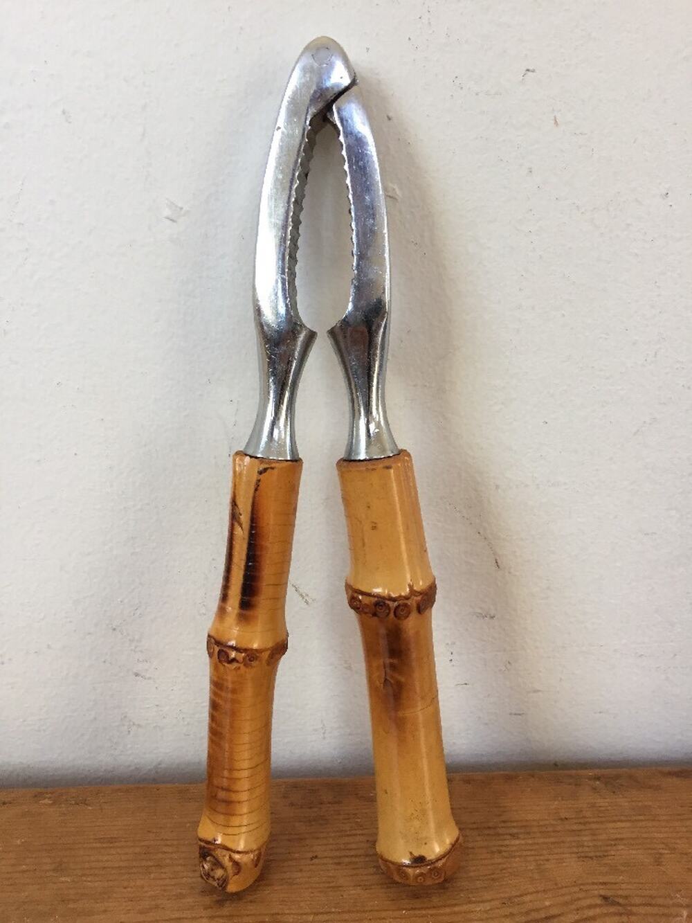 Vtg 1950s Carl Aubock Stainless Steel Bamboo Wood Handheld Nutcracker Barware